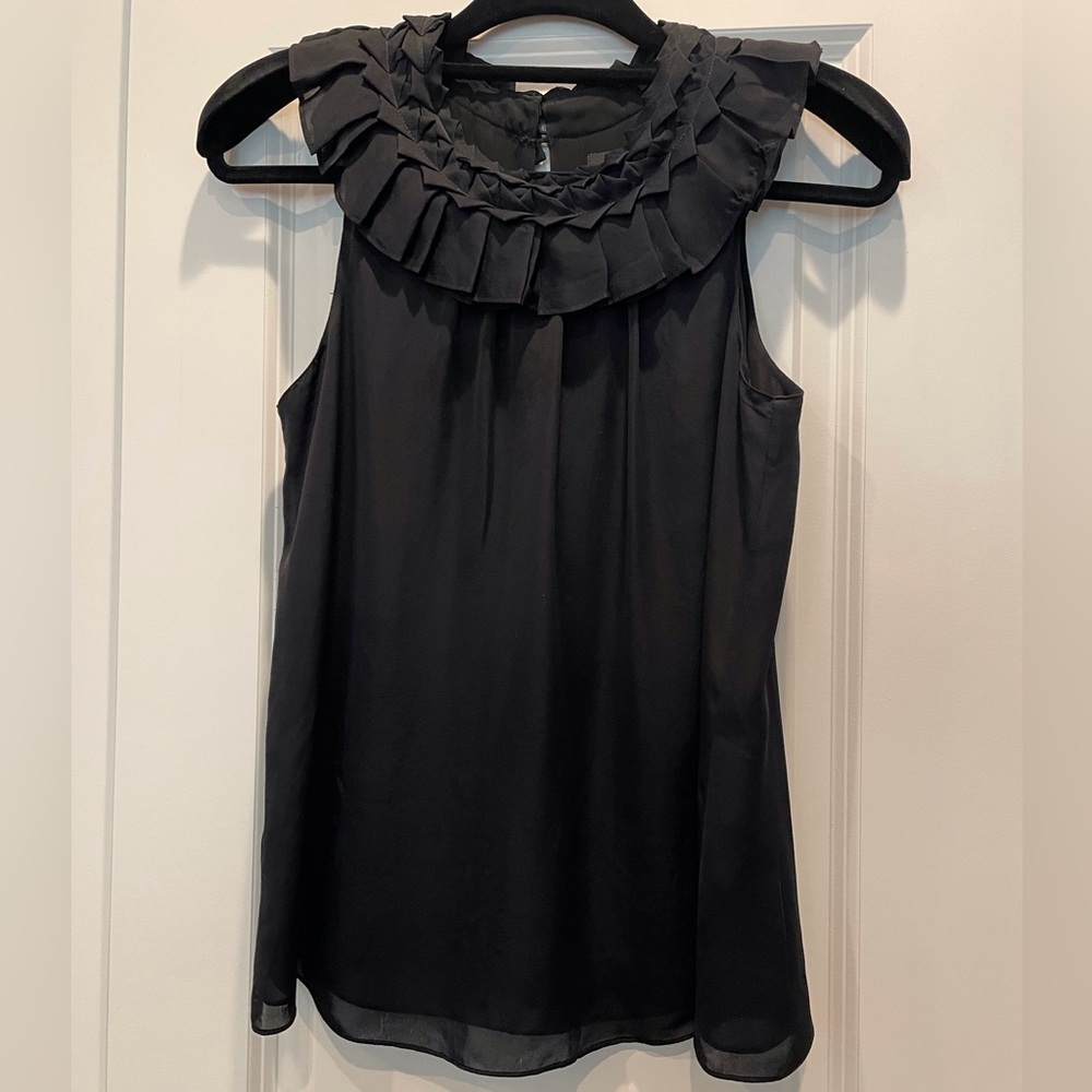 Club Monaco Ruffle Neck Silk Top, Black, Size Small